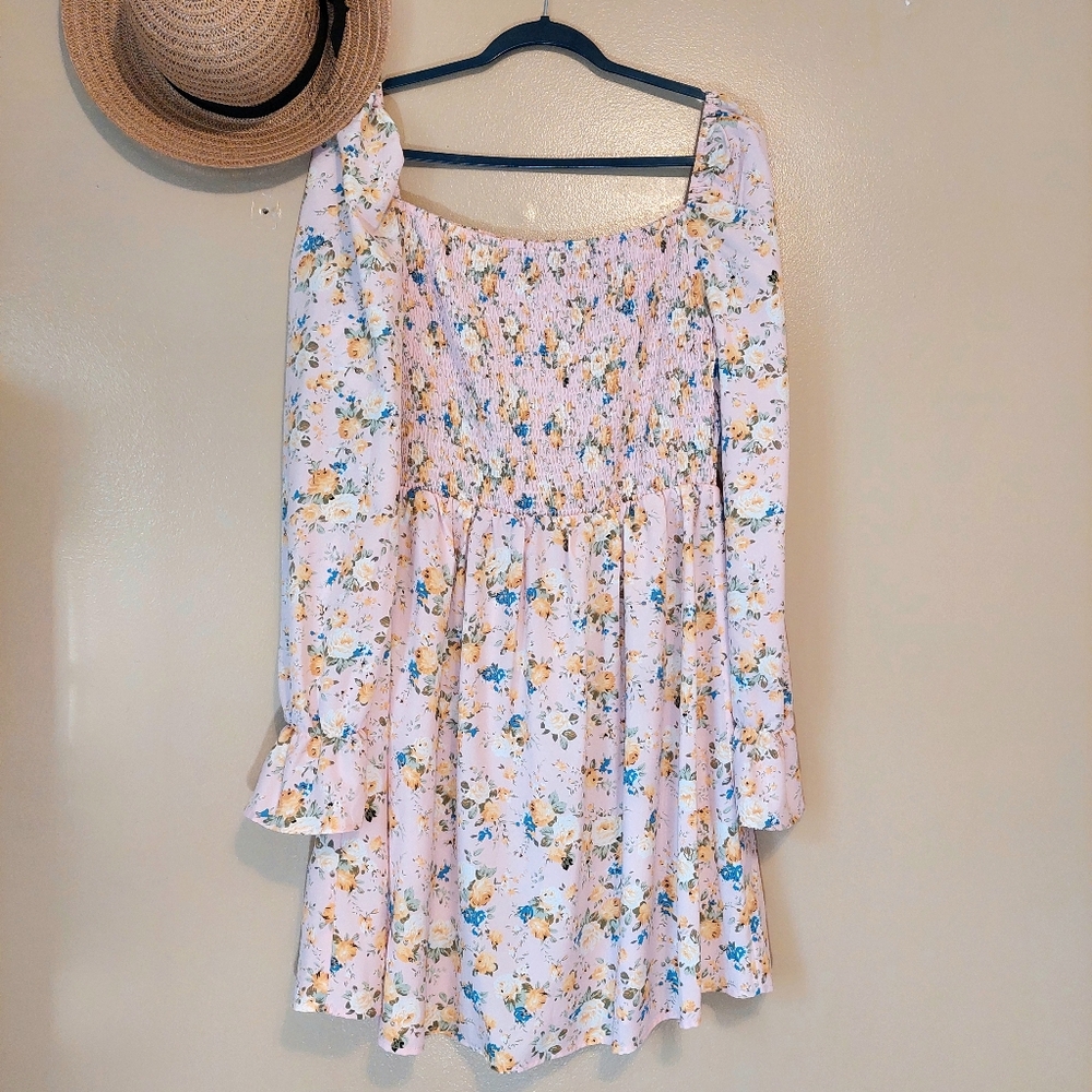 SHEIN Floral Smocked Puff Sleeve Mini Dress XL Light Pink Boho Square Neck - Picture 2 of 8